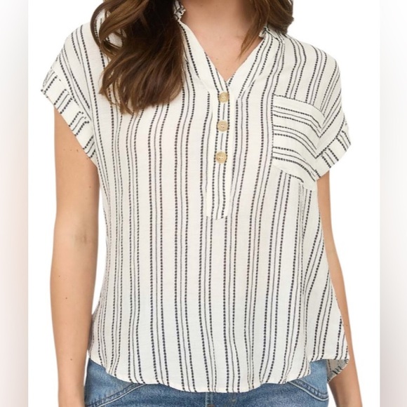 Blu Pepper Tops - Blu Pepper White Striped Half Button Collared Short Sleeve Sz M Casual Clean